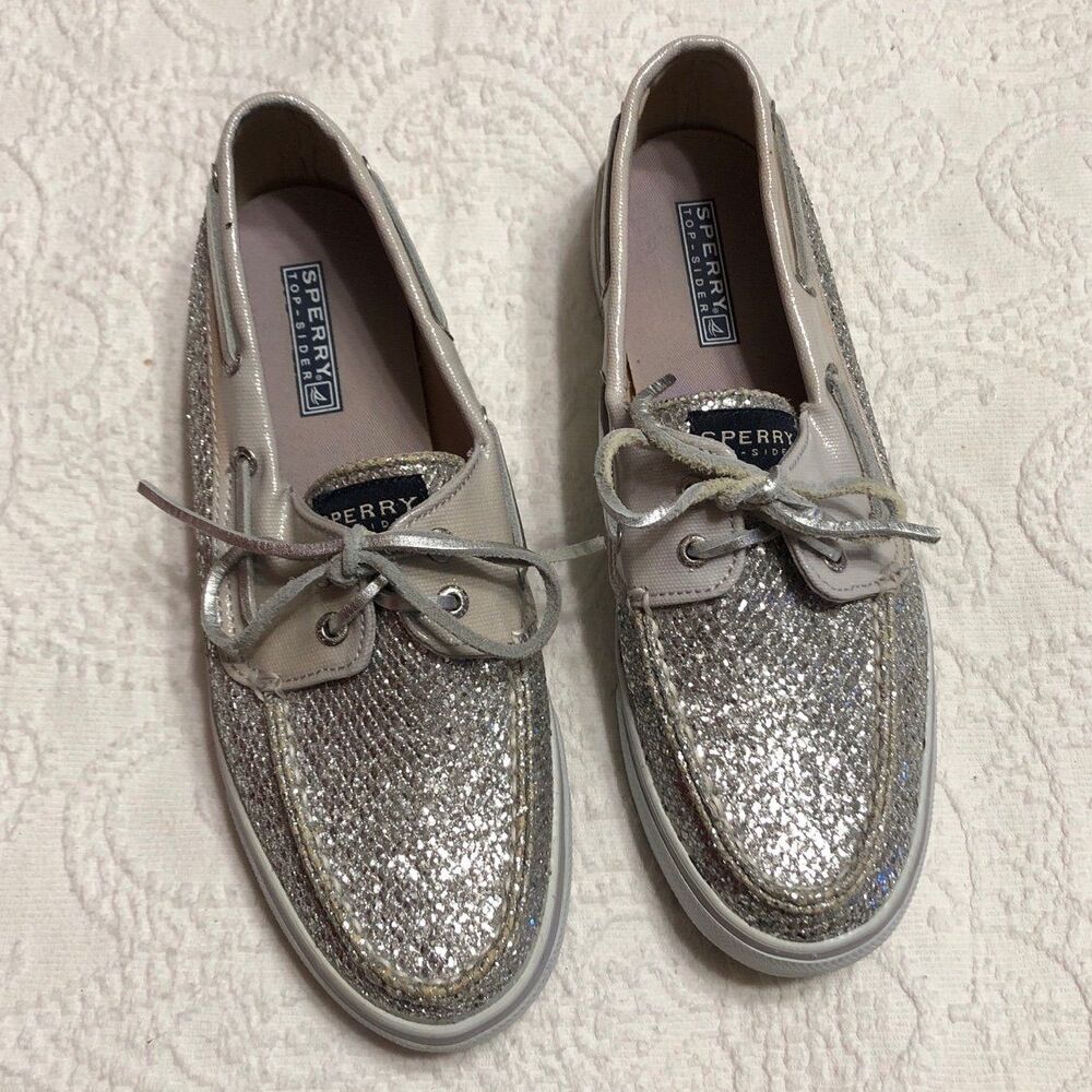Sperry Top Siders Size 8.5M Womens Embellished Silver Shimmer Loafers